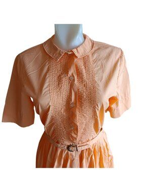 True Vintage 1960's Dress Medium 12 Peach Rockabilly Sock Hop Pintuck Belt